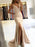 Mermaid V Neck Backless Champagne Prom Dresses with Slit, Mermaid Champagne Formal Dresses, Champagne Evening Dresses