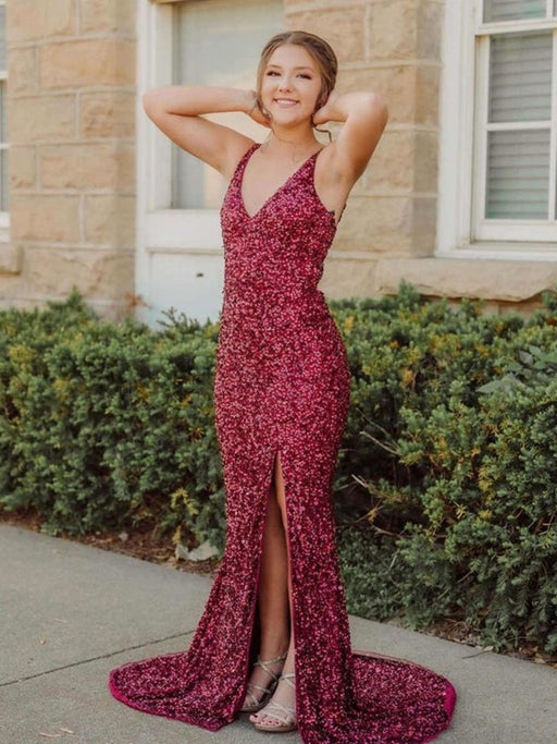 Mermaid V Neck Burgundy Sequins Long Prom Dresses, Mermaid Burgundy Formal Dresses, Burgundy Evening Dresses 