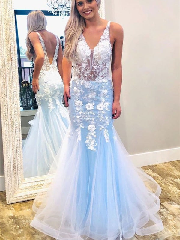 Mermaid V Neck Lace Appliques Floral Long Blue Prom Dresses, Mermaid Lace Blue Formal Dresses, Floral Blue Eveing Dresses