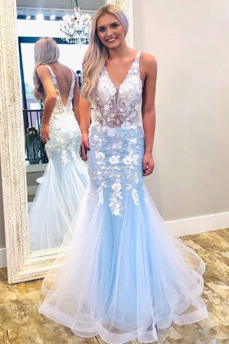 Mermaid V Neck Lace Appliques Floral Long Blue Prom Dresses, Mermaid Lace Blue Formal Dresses, Floral Blue Eveing Dresses