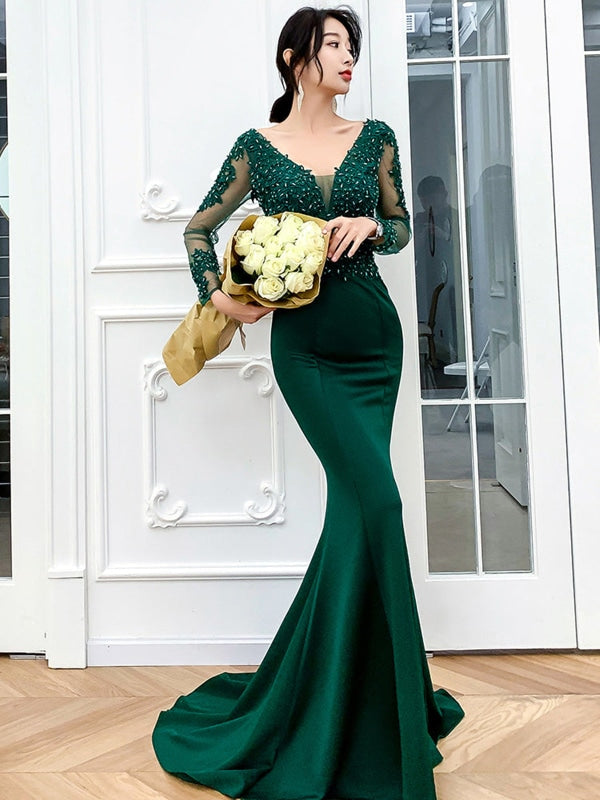 Mermaid V Neck Long Sleeves Beaded Green Long Prom Dresses Mermaid Gr Bridelily