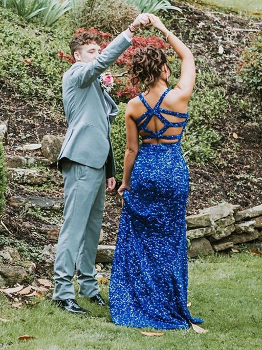 Mermaid V Neck Open Back Blue Sequins Long Prom Dresses, High Slit Mermaid Blue Formal Dresses, Shiny Sequins Blue Evening Dresses 