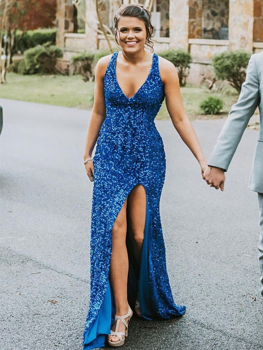 Mermaid V Neck Open Back Blue Sequins Long Prom Dresses, High Slit Mermaid Blue Formal Dresses, Shiny Sequins Blue Evening Dresses 