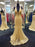 Mermaid V Neck Open Back Golden Lace Long Prom Dresses, Mermaid Golden Formal Dresses, Golden Lace Evening Dresses 