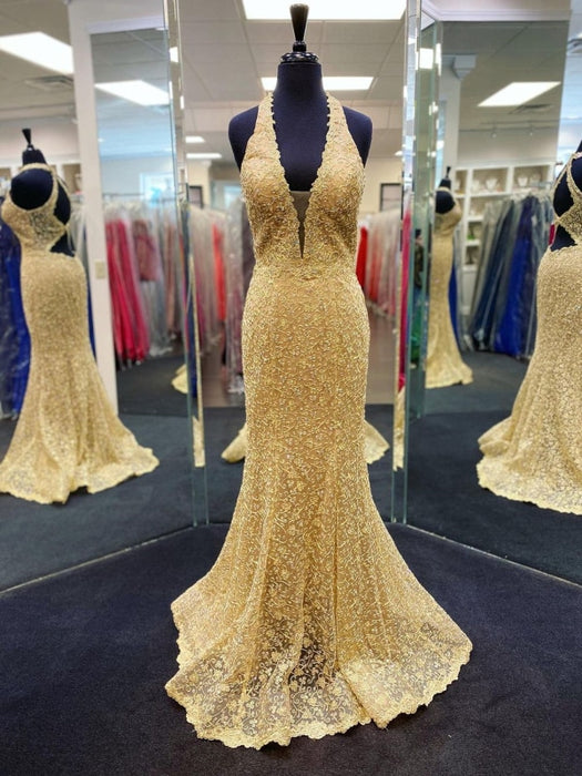 Mermaid V Neck Open Back Golden Lace Long Prom Dresses, Mermaid Golden Formal Dresses, Golden Lace Evening Dresses 