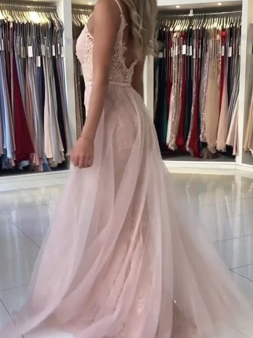 Mermaid V Neck Pink Lace Long Prom Dresses, Mermaid Pink Formal Dresses, Pink Lace Evening Dresses 