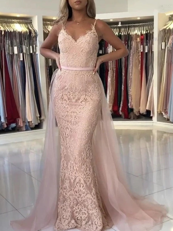 Mermaid V Neck Pink Lace Long Prom Dresses, Mermaid Pink Formal Dresses, Pink Lace Evening Dresses 