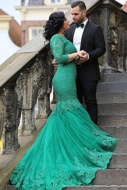 Mermaid V-neck Tulle Applique 3/4 Sleeves Long Plus Size Prom Dresses - Prom Dresses