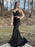 Mermaid V Neck Two Pieces Black Lace Long Prom Dresses, Mermaid Black Formal Dresses, 2 Pieces Black Evening Dresses