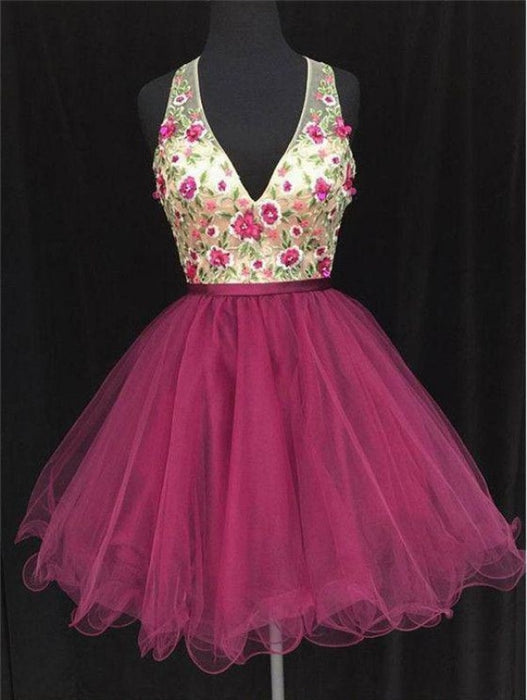 Mini Deep V Neck Sleeveless Tulle Homecoming with Appliques Short Prom Dress - Prom Dresses