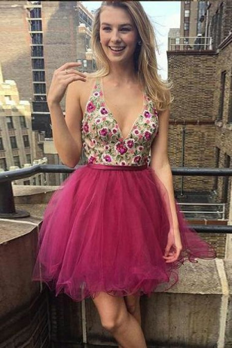 Mini Deep V Neck Sleeveless Tulle Homecoming with Appliques Short Prom Dress - Prom Dresses