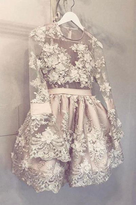 Modest Elegant Fascinating Cute Long Sleeve Homecoming Hand-Made Flower Short Prom Party Dress - Prom Dresses