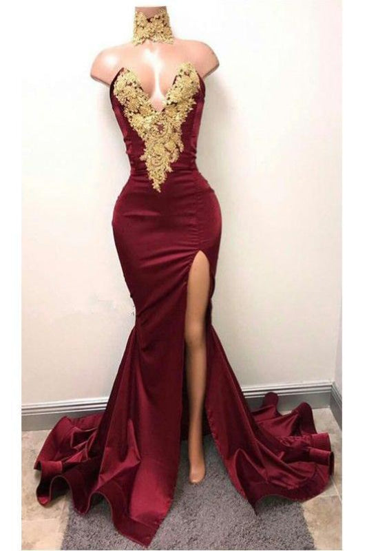 Modest Fascinating Precious Burgundy V Neck Sleeveless Mermaid Prom with Gold Appliques Long Evening Dress - Prom Dresses