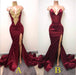 Modest Fascinating Precious Burgundy V Neck Sleeveless Mermaid Prom with Gold Appliques Long Evening Dress - Prom Dresses