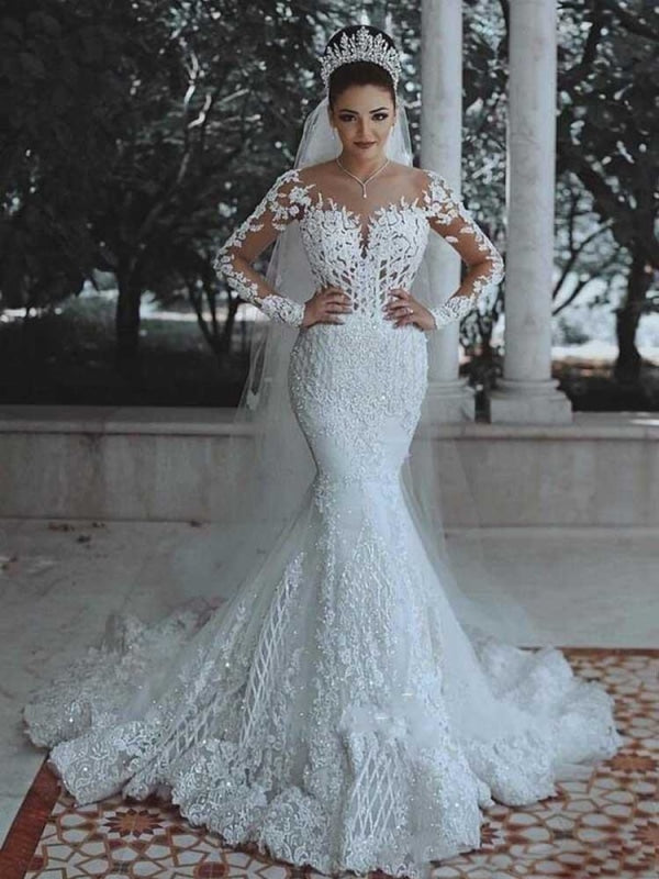 Mermaid Wedding Dresses With Train  Modest Long Sleeves Lace Appliques  Mermaid Wedding Dresses — Bridelily