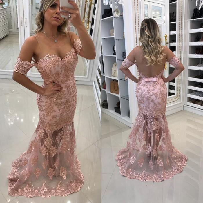 Modest Off-the-shoulder Lace Belt Evening Dress | Mermaid Party Gown - Prom Dresses