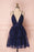 Navy Blue Deep V Neck Spaghetti Straps Homecoming Short Lace Prom Dresses - Prom Dresses