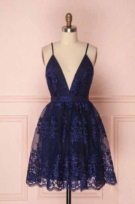 Navy Blue Deep V Neck Spaghetti Straps Homecoming Short Lace Prom Dresses - Prom Dresses