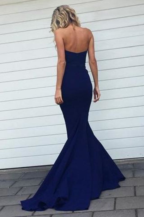 Navy Blue Mermaid Sweetheart Strapless Sweep Train Bridesmaid Dress With Pleats - Prom Dresses