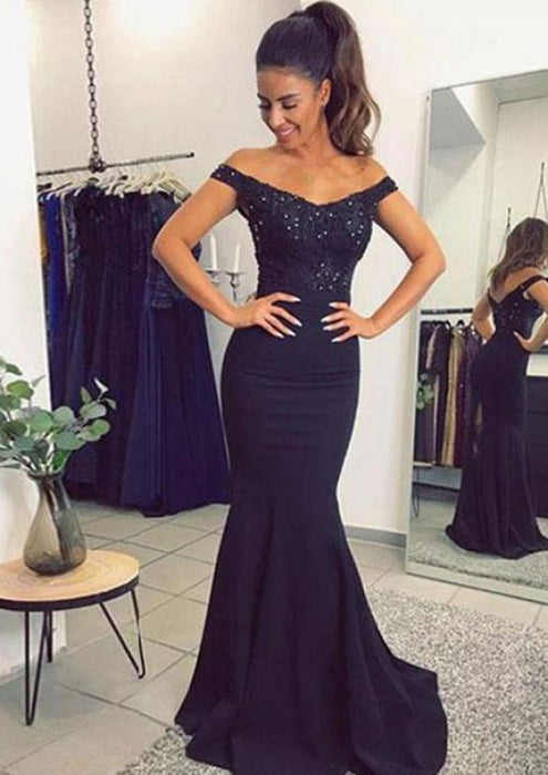 Navy Blue Off The Shoulder Mermaid Stretch Evening Dresses with Lace Beads - Prom Dresses