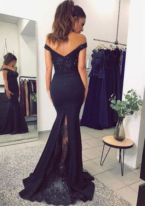 Navy Blue Off The Shoulder Mermaid Stretch Evening Dresses with Lace Beads - Prom Dresses