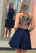 Navy Blue Satin Homecoming Beads Cheap Short Prom Dress with Pockets - Prom Dresses