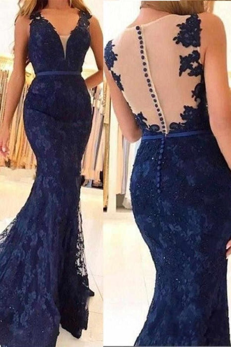 Navy Blue Sleeveless Formal Dresses Mermaid Sheer Back Lace Prom Gown - Prom Dresses