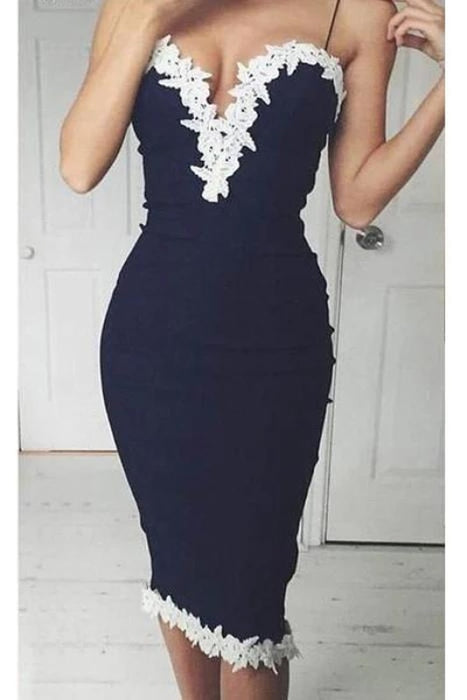 Navy Blue Spaghetti Strap Applique Sheath Short Homecoming Dresses Party Dress - Prom Dresses