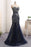 Navy Blue Tulle Sequins Strapless Long Mermaid Prom Dress - Prom Dresses