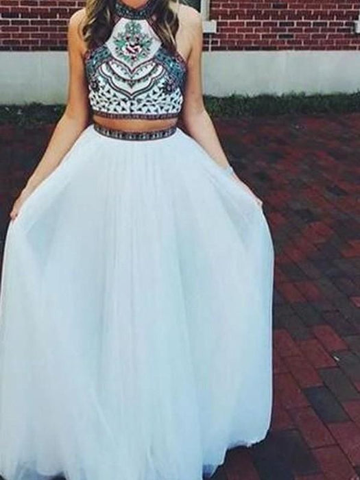 Net Halter Sleeveless Floor-Length With Beading Two Piece Dresses - Prom Dresses