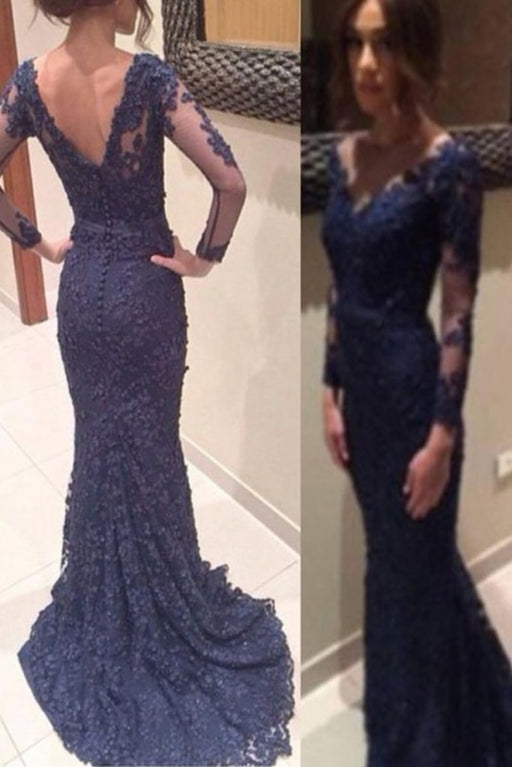 New Arrival Dark Navy Lace Mermaid Long Prom Dress - Prom Dresses