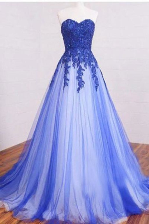 New Arrival Sweetheart Strapless Lace Appliqued Royal Blue Prom Simple Formal Dress - Prom Dresses