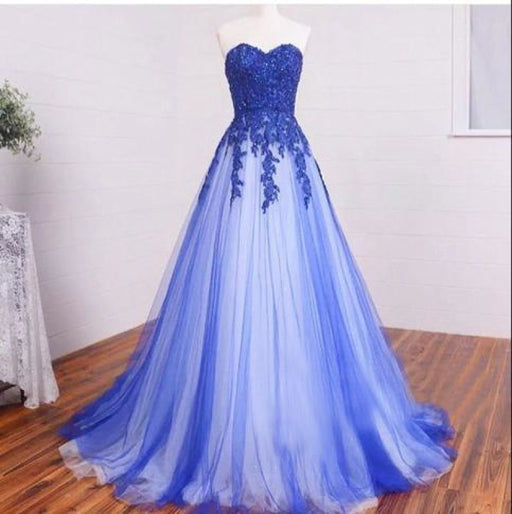 New Arrival Sweetheart Strapless Lace Appliqued Royal Blue Prom Simple Formal Dress - Prom Dresses