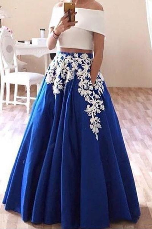 New Off the Shoulder Two Piece Prom Dress Floor Length Blue Formal Dresses - Prom Dresses