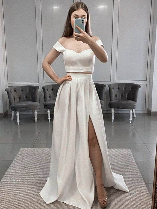 Off Shoulder 2 Pieces White Satin Long Prom Two Pieces White Formal Bridelily