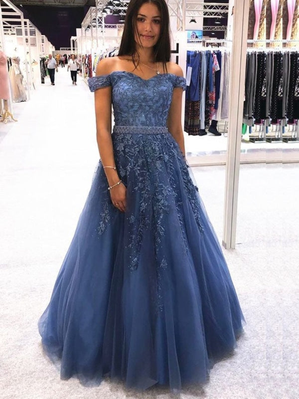 Off Shoulder Appliques Blue Lace Long Prom Dresses 2020, Off Shoulder Blue Formal Dresses, Blue Lace Evening Dresses