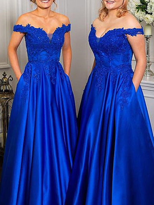 Off Shoulder Beaded Royal Blue Lace Long Prom Dresses, Royal Blue Lace Formal Graduation Evening Dresses 