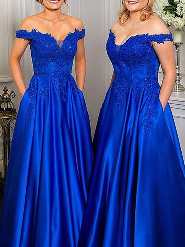 Off Shoulder Royal Blue Satin Long Prom Dress with Leg Slit, Off Shoulder  Royal Blue Formal Graduation Evening Dress