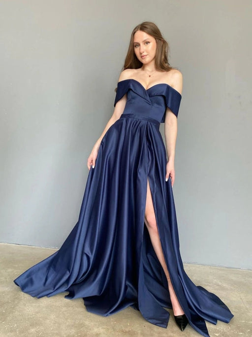 Off Shoulder Blue Satin Long Prom Dresses with High Slit, Long Blue Formal Graduation Evening Dresses 