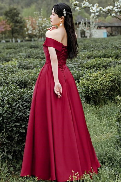 Off Shoulder Burgundy Satin Long Prom Dresses, Off the Shoulder Burgundy Formal Evening Dresses