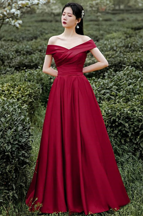 Off Shoulder Burgundy Satin Long Prom Dresses, Off the Shoulder Burgundy Formal Evening Dresses