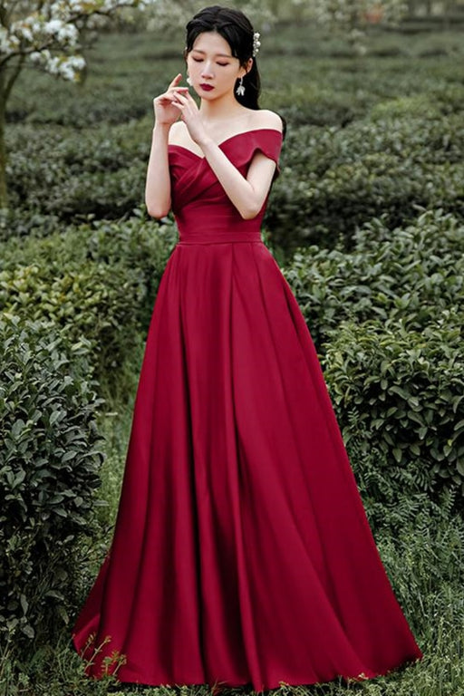 Off Shoulder Burgundy Satin Long Prom Dresses, Off the Shoulder Burgundy Formal Evening Dresses