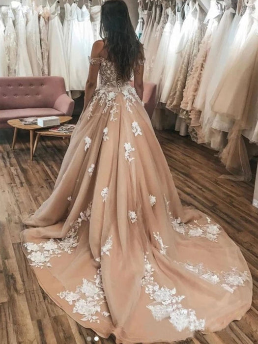 Off Shoulder Champagne Lace Long Prom Dresses, Champagne Lace Formal Dresses, Champagne Evening Dresses 