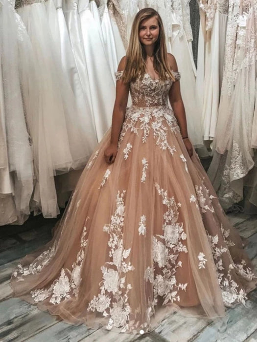 Off Shoulder Champagne Lace Long Prom Dresses, Champagne Lace Formal Dresses, Champagne Evening Dresses 