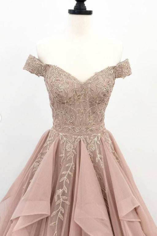 Off Shoulder Champagne Lace Long Prom Dresses, Off the Shoulder Champagne Formal Dresses, Champagne Lace Evening Dresses