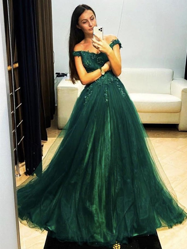 Off Shoulder Dark Green Lace Long Prom Dresses, Dark Green Lace Formal Graduation Evening Dresses