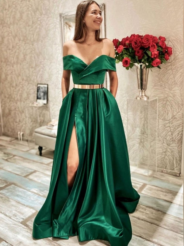 Off Shoulder Green Satin Long Prom Dresses with High Slit, Green Formal Graduation Evening Dresses with Belt 