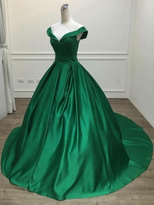 Off Shoulder Green Satin Long Prom Dresses with Train, Off the Shoulder Green Formal Evening Dresses 