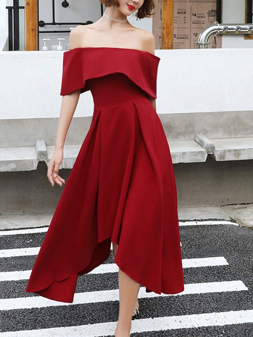 Off Shoulder High Low Burgundy Tea Length Prom Dresses, Off Shoulder Burgundy Formal Graduation Evening Dresses, Burgundy Homecoming Dresses 