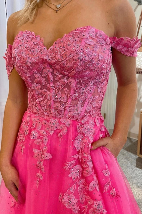 Strapless Hot Pink Lace Prom Dresses, Hot Pink Lace Formal Evening